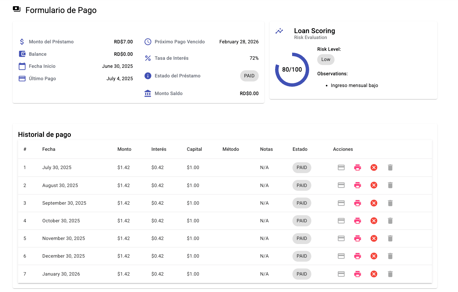 Interfaz del sistema NovusLoan mostrando préstamos y pagos